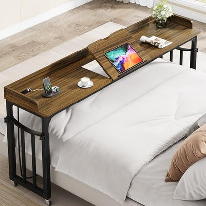 71 in Queen Size Overbed Table with Wheels, Brown | Height Adjustable, Bed Table with Adjustable Tilt Board, Mobile Laptop Cart Computer Desk with Power Outlets, USB Ports - color: Brown