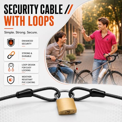 Bike Cable Lock Security Cable with Loops - 3/8 inch (10 mm) Heavy-Duty Locking Cable, Vinyl Coated Steel Cable Bike Chain Security Chain (4ft, 7ft, 15ft) - size: 4FT