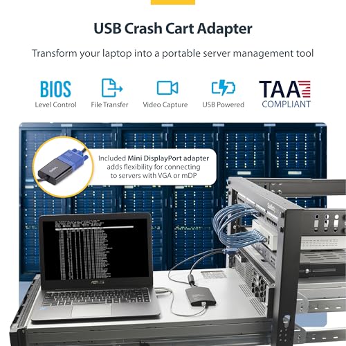 StarTech Crash Cart Adapter, USB/VGA/Mini DP, TAA (NOTECONS02-VGA-MDP) | USB/VGA KVM console, File transfer & video capture, Mini DP adapter, BIOS-level control, Self-powered, Win/Linux/macOS