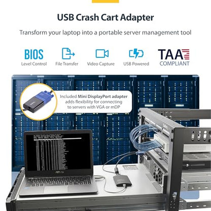 StarTech Crash Cart Adapter, USB/VGA/Mini DP, TAA (NOTECONS02-VGA-MDP) | USB/VGA KVM console, File transfer & video capture, Mini DP adapter, BIOS-level control, Self-powered, Win/Linux/macOS