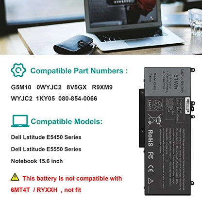 TREE.NB G5M10 Battery for Dell Latitude 14 E5450 5450 15 E5550 5550 12 E5250 5250 3150 3160 3550 Series, 15.6 inch, 0WYJC2 8V5GX R9XM WYJC2 1KY05 451-BBLN 451-BBLL 451-BBLK - size: 9.09x3.93x0.24inch G5M10