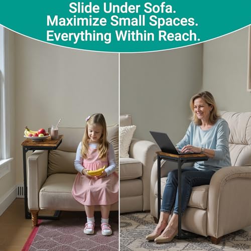 YEASHEIN C Shaped End Table Set of 2 with Cubby, Reinforced Base Small Couch Tables That Slide Under, 27”H C Table for Sofa, TV Tray Table for Eating, Couch Side Table for Small Spaces, Living Room