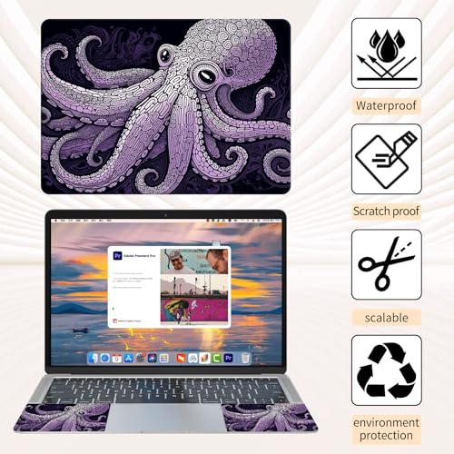 Laptop Skin Sticker 3-Piece Set,Purple Octopus | Trim-to-fit 3-piece vinyl set with one 15 x 10.6 in lid skin and two palm-rest decals for many 12-15.6 in laptops - color: Purple Octopus
