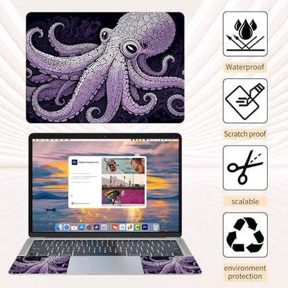 Laptop Skin Sticker 3-Piece Set,Purple Octopus | Trim-to-fit 3-piece vinyl set with one 15 x 10.6 in lid skin and two palm-rest decals for many 12-15.6 in laptops - color: Purple Octopus