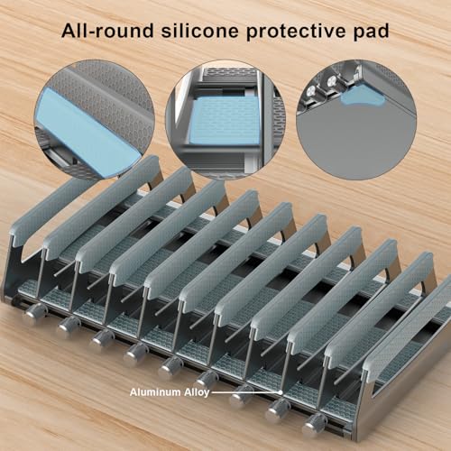 10-Slot Vertical Laptop Stand & Holder – Adjustable Aluminum Laptop Stand Vertical for Desk Fits 10 Devices, MacBook & Gaming Laptops (Up to 17.3”) – Space Saving Laptop Storage Rack - Grey - size: 10 - Slot