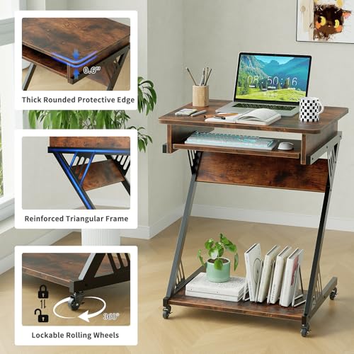 ALISENED Computer Desk for Small Spaces Compact Desk with Keyboard Tray | 23.6" Z-Shaped, with Wheels and Bottom Shelves, for Home Office, Computer Cart Mobile Laptop Cart, Rustic Brown - color: Brown