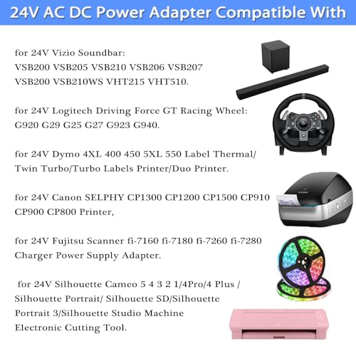 24V Power Supply, 24V 2.5A AC Adapter, fit for Logitech G29 G920 Racing Wheel/LED Light Strip/Vizio Soundbar/Dymo 4XL Printer etc,100-240V 50/60Hz Power Cord, with 8 DC Tips.