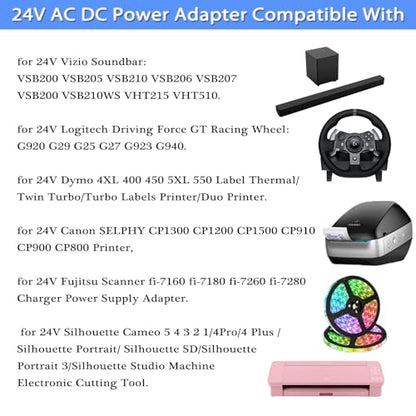 24V Power Supply, 24V 2.5A AC Adapter, fit for Logitech G29 G920 Racing Wheel/LED Light Strip/Vizio Soundbar/Dymo 4XL Printer etc,100-240V 50/60Hz Power Cord, with 8 DC Tips.