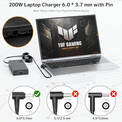 200W Laptop Charger for Asus ROG Zephyrus Strix TUF Gaming AC Adapter | Compatible with Asus TUF F17 A17, Dash FX516 FX517, Strix G17 G513 G713, ADP-200JB D, 20V 10A 6.0*3.7mm Power Supply Cord