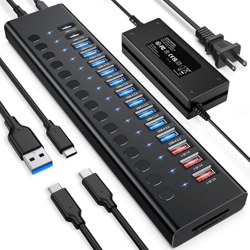 Powered USB Hub 10Gbps, 17 Ports USB 3.2 Hub, 96W Power Adapter | 10 USB-A 3.2, 3 QC 24W Fast Charging, 2 USB-C 3.2, SD/TF, 12V/8A Power Adapter for Laptop, PC, Computer, HDD, Flash Drive - color: Black