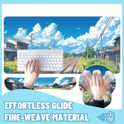 Anime Landscape Desk Mat Set Japanese Railway Summer Sky Town Mouse Pad with Wrist Rest 4in1 Desk Mat for Desktop Ergonomic Computer Desk Arm Wrist Anti-Slip Computer Mouse Pad Home Office Gaming - color: Anime Landscape