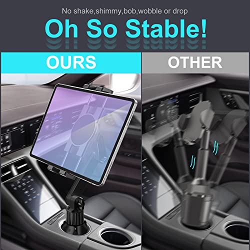 Cup Holder Car Tablet Mount for Truck, 360° Adjustable 15" Long 2-Arm Stand Holder for iPad Pro 12.9/11/10.5/9.7/Air/Mini 6/5/4, Galaxy Tab/Z Fold 6/5/4, iPhone 17/16/Pro, 4.7-12.9" Tab &Phone - size: 15"
