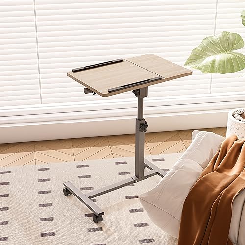 Furist Adjustable Bedside Laptop Desk with Mouse Pad on Wheels, Adjustable Overbed Table,Rolling Computer Stand,Hospital and Home Use - color: Log Grey