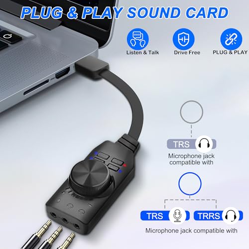 MEIRIYFA External USB Sound Card Virtual 7.1 Surround Sound USB 2.0 Sound Card Adapter for PC with Volume Control, USB to 3.5mm Jack Audio Adapter Cable Plug and Play