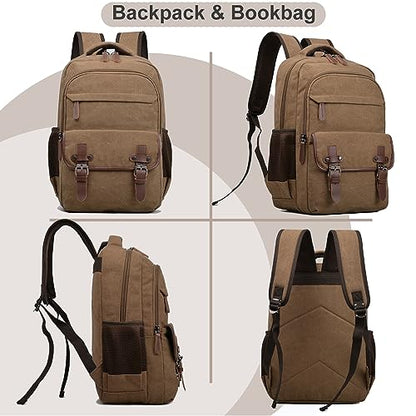 CROCOD Canvas Laptop Backpack, Vintage Daypack for Men Women,Travel Work Rucksack College Bookbag Computer Bag Fits 15.6 Inch Laptop (Coffee)