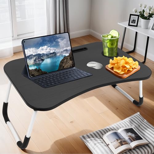 Portable Laptop Bed Desk, Foldable Laptop Table with Slot, 60 x 40 x 28 cm Foldable Legs, Ergonomic Design for Kitchen, Office, Bedroom, Sofa/Floor, Black