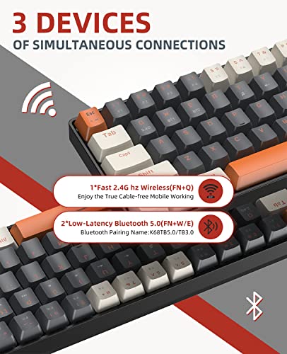 ZIYOU LANG RK68 60% Wireless Mechanical Keyboard,Bluetooth 5.0/2.4Ghz Dual Mode Receiver,Hot-Swappable mini 68-Key,Retro Color Keycaps,Clicky Blue Switch,Ultra Power Saving for PC PS4 Xbox iPhone ipad - color: Grey & Orange/Blue Switch