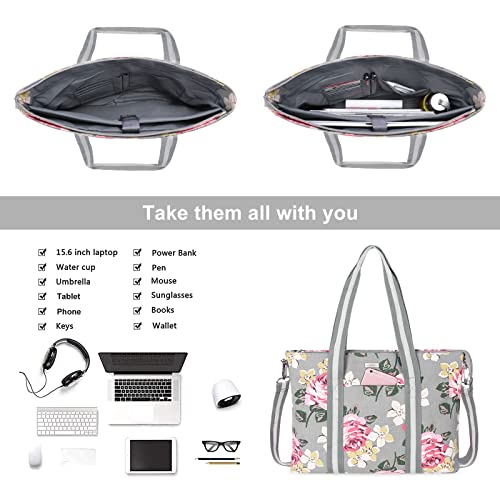 MOSISO Laptop Tote Bag for Women (17-17.3 inch), Canvas Rose Multifunctional Work Travel Shopping Duffel Carrying Shoulder Handbag Compatible with MacBook, Notebook and Chromebook, Grey