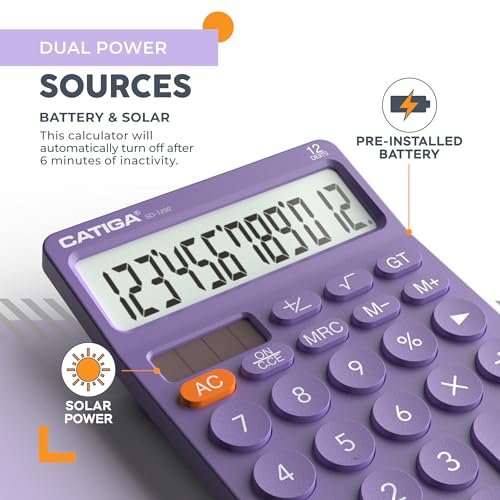 CATIGA 12 Digit Desktop Calculator Basic Desk Calculator with Large LCD Display, Big Buttons, 4 Function, Solar and Battery Dual Power, for Office, School, Home, SD-1292 Purple - color: 7) Purple