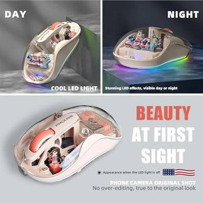 FMOUSE Transparent Wireless Mouse, 2 Cute 2026 Figurines, Tri-Mode, Cream | Rechargeable | USB-A & USB-C Receivers for Mac, iPad, Laptop | 2.4G & Dual Bluetooth | Silent Clicks | RGB | Portable - color: Cream