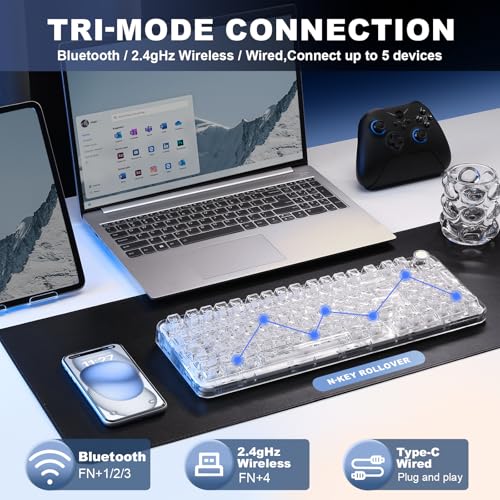YUNZII X98 Wireless Mechanical Keyboard with Knob (White, Crystal Switch) | BT5.0/USB-C/2.4GHz,1800 Layout with Number Pad,Pre-lubed Switches Gasket Mount ,Clear Keyboard with RGB for Wins/Mac/Gaming - color: White, size: Crystal Switch