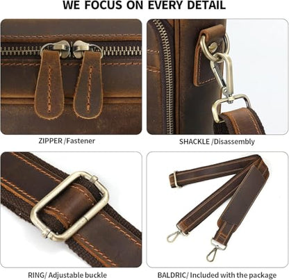 Hindoro 16 Inch Full Grain Leather Laptop Messenger Briefcase Bag for Men - Leather Satchel for Business Travel and Office Crossbody Shoulder Bag - Brown