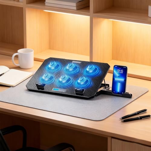 Laptop Cooling Pad 6 Quiet Fan for Laptop Gaming Fan Pad 5 Height Adjustable 2 USB Port Phone Holder Lightweight Stand - color: LCD model