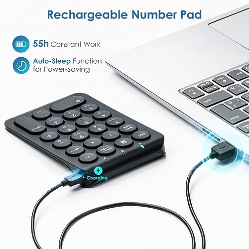 SANWA Bluetooth Numeric Keypad, Rechargeable Wireless Ten Key Number Pad, 22-Key Portable & Slim Financial Accounting Numpad for Laptop Computer, Compatible with MacBook, Windows, Android, iOS, Black