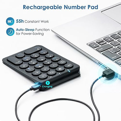 SANWA Bluetooth Numeric Keypad, Rechargeable Wireless Ten Key Number Pad, 22-Key Portable & Slim Financial Accounting Numpad for Laptop Computer, Compatible with MacBook, Windows, Android, iOS, Black