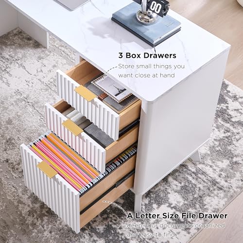 T4TREAM Fluted Executive Desk with Drawers, 60" Modern Home Office Computer Desk with Charging Station, File Cabinet, Keyboard Tray and Storage Cabinet for Study, Living Room, Bedroom, Solid White - color: Solid White