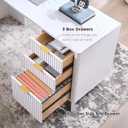 T4TREAM Fluted Executive Desk with Drawers, 60" Modern Home Office Computer Desk with Charging Station, File Cabinet, Keyboard Tray and Storage Cabinet for Study, Living Room, Bedroom, Solid White - color: Solid White