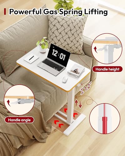 SANODESK Medical Adjustable Overbed Bedside Table with Casters 90° Tilt Top Pneumatic Mobile Rolling Laptop Computer Standing Desk Cart with Tray, Hospital and Home Use(27.6" W x 15.7" D, White) - color: White, size: Small