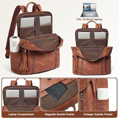 Laptop Backpack for Women 15.6 inch,Travel Leather Backpack Purse Nurse Teacher Carry on Backpack Computer Bag,Professional Water-Resistant College Business Work Casual Daypack,Nubuck Brown - color: Nubuck Brown
