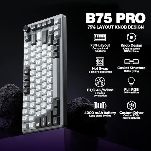YUNZII B75 PRO Wireless Mechanical Gaming Keyboard | Custom 75% Layout with Knob,Gasket Mount,Hot Swap,Creamy Pre-lubed Switch,BT/USB-C/2.4G (Dark Grey, Milk Switch) - color: Dark Grey, size: Milk Switch