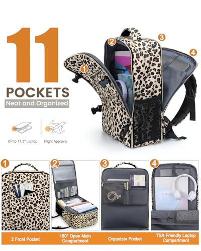 Capolo Travel Laptop Backpack Women Carry On Backpack Weekender Travel Bag | 25L Flight Approved,Waterproof Overnight Bag,College Bookbag,Work,3-4 Day Travel,Fits 17" Laptop (Large,Leopard) - color: Leopard, size: Large