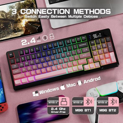 LexonElec M96 Wireless Keyboard, Low Profile Quiet Typing Membrane Gaming Keyboard with Smart Display & Knob, RGB Backlit, USB C Rechargeable, 94 Keys PBT Keycap for Windows PC, Mac, Linux-BlackBerry - color: Blackberry