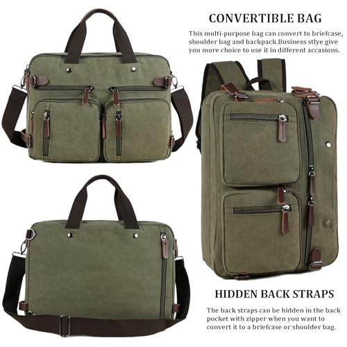 CROCOD 3 In 1 Canvas Convertible Laptop Bag for Men Women, 17.3 inch Laptop Messenger Bag Work Briefcase, Computer Shoulder Bag for Travel Business Office (Green, 17.3 Inch) - color: Green