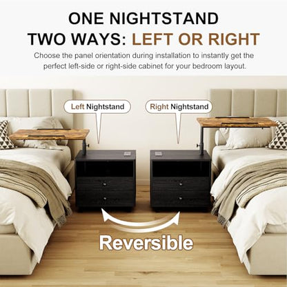 Bedroom Nightstand with Drawers & Charging Station, Adjustable Height Bedside Table with Wheels, Wooden Small Sofa Side Tables with Storage for Living Room, Black Brown - color: [A3] Black & Brown