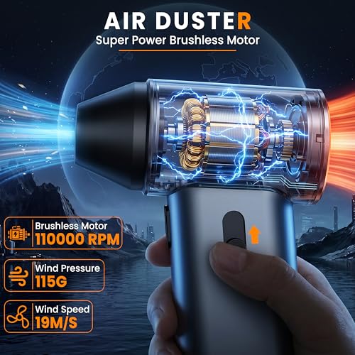 Compressed Air Duster,110,000RPM Super Power 6-Speed Adjustable Rechargeable Cordless Electric Air Duster,Mini Air Blower for PC Keyboard Car Home Cleaning