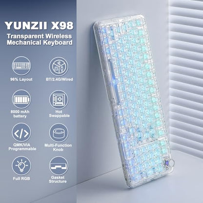 YUNZII X98 Wireless Mechanical Keyboard with Knob (White, Crystal Switch) | BT5.0/USB-C/2.4GHz,1800 Layout with Number Pad,Pre-lubed Switches Gasket Mount ,Clear Keyboard with RGB for Wins/Mac/Gaming - color: White, size: Crystal Switch