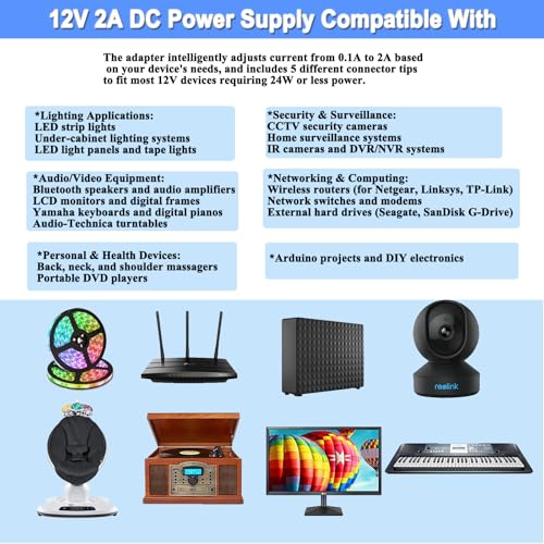12V 2A Power Supply Adapter with On Off Switch, DC in 12V Power Cord, AC 100-240V 50-60Hz 24W 12 Volt Converter, for LED Light Strip DVD Player Keyboard Router CCTV Camera Hard Drive.