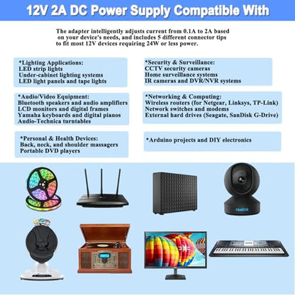 12V 2A Power Supply Adapter with On Off Switch, DC in 12V Power Cord, AC 100-240V 50-60Hz 24W 12 Volt Converter, for LED Light Strip DVD Player Keyboard Router CCTV Camera Hard Drive.