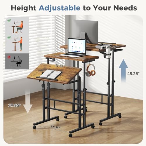 DUMOS Rolling Standing Desk, Sit Stand Desk, Computer Cart | 23.6 Inch Width, Height Adjustable, Split Top, Mobile Laptop Workstation, Office Table, Portable Design, Rustic Brown - color: Brown