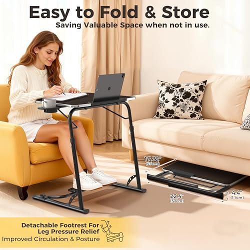 Upgraded Folding TV Tray Table, Extra Large & Sturdy Laptop Table for Couch | Height & Angle Adjustable Desk for Dinner, Work & TV - Includes Footrest, Cup Holder, iPad Holder & Edge Stopper - color: (Black) - Dark Wood Mahogany