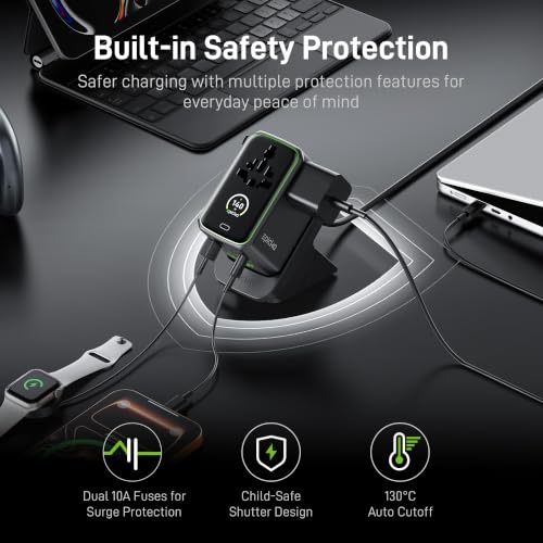 Epicka Pulse Duo 140W GoStand Universal Travel Adapter, 2AC/2USB-C/2USB-A | International Power Adapter with Desktop Stand & Smart Display, 3.28ft Cable , PD 3.1/PPS Fast Charging for MacBook/iPhone - style: Pulse Duo 140W with Desktop Stand
