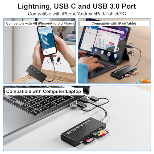 Memory Stick Pro Duo Adapter for iPhone/USB C/PC - 7 in 1 2X SD/ 2X TF/CF/MS/XD Picture Card Reader, Multi Memory Card Reader USB C Lightning OTG Adapter Memory Stick pro Duo Reader for iPhone