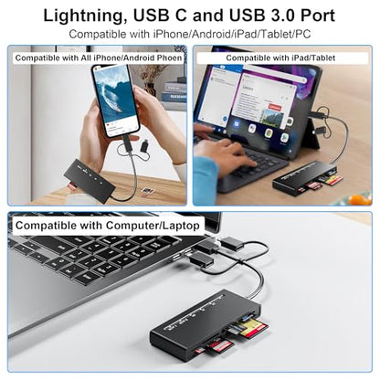 Memory Stick Pro Duo Adapter for iPhone/USB C/PC - 7 in 1 2X SD/ 2X TF/CF/MS/XD Picture Card Reader, Multi Memory Card Reader USB C Lightning OTG Adapter Memory Stick pro Duo Reader for iPhone