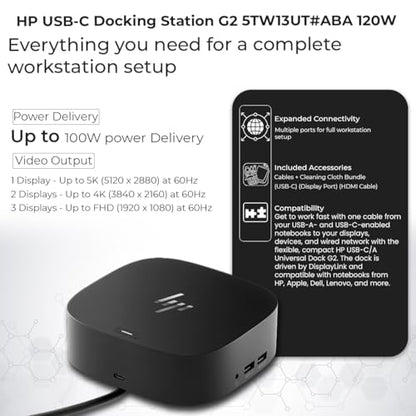 HP USB-C Docking Station G2 5TW13UT#ABA 120W for Laptop & Notebook, Dual Monitor Dock with HDMI & Dual DisplayPort Cable, USB-C to C Cable and Cloth (Renewed)