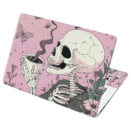 Universal Laptop Skin Sticker with 2 Wrist Pad Decals, 3-Piece Removable Vinyl Laptop Cover, Pink Skull Coffee Waterproof Anti-Scratch, Easy-Trim Fit for 13.3" 14" 15.6" Laptops - color: Pink Skull Coffee