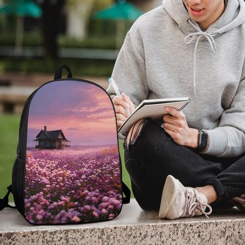 17 In Laptop Backpack Water Resistant Travel Backpack Black | Sunset And Flower Sea, Breathable Airflow Back Panel, Adjustable Ergonomic Shoulder Straps, Foam-Padded Top Carry Handle